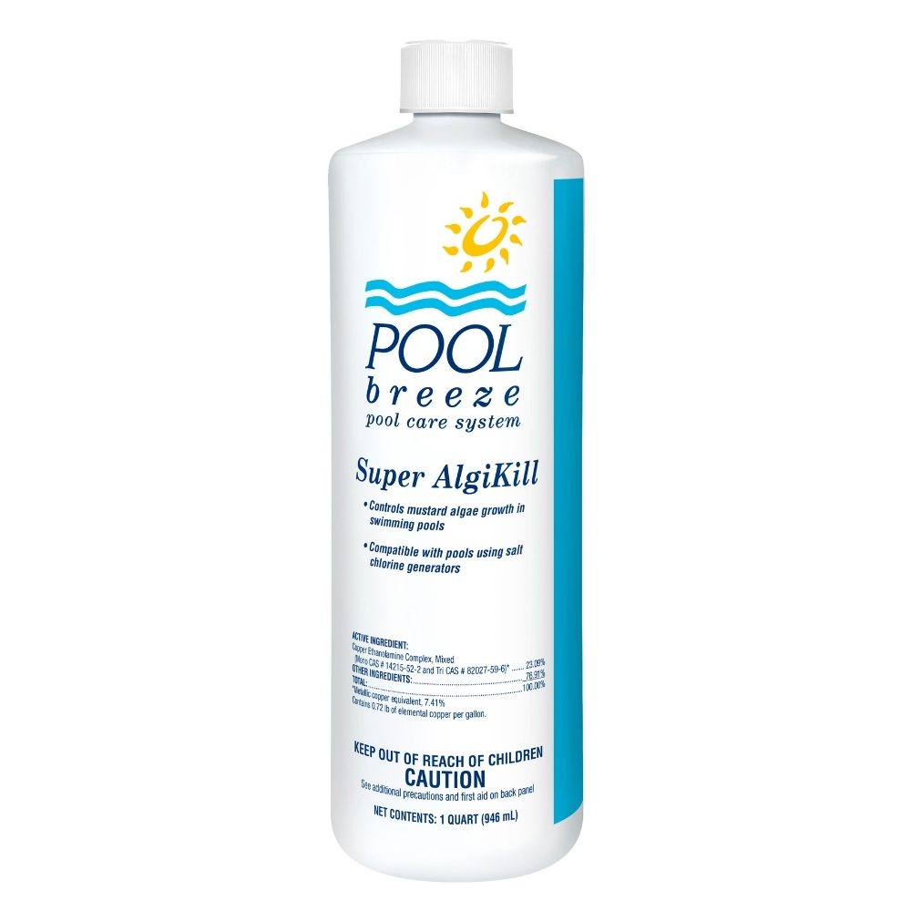 Pool Breeze Super AlgiKill liquid algaecide bottle for controlling mustard algae in swimming pools