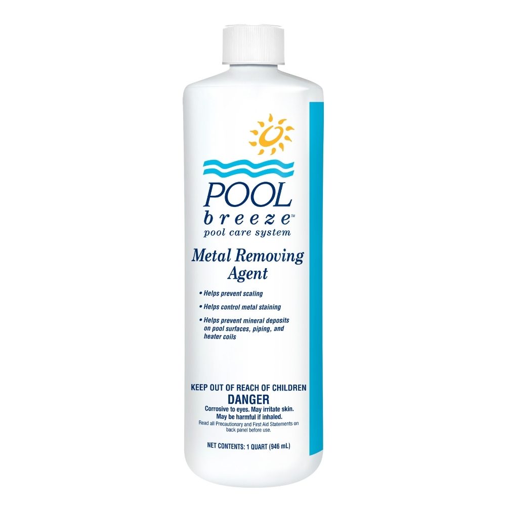 Pool Breeze Metal Removing Agent bottle to help prevent scaling and metal staining in pools