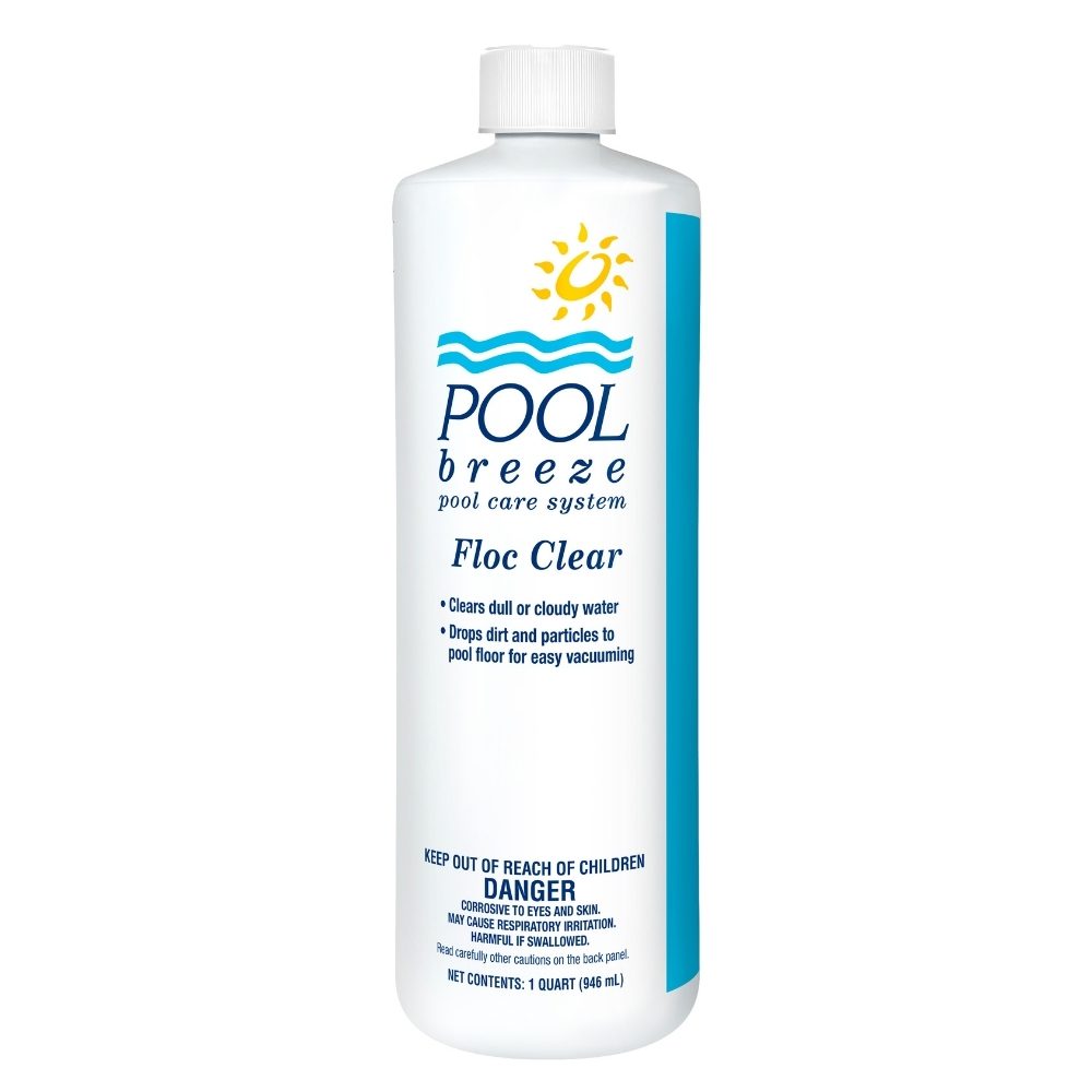 Pool Breeze Floc Clear bottle used to drop particles for easier pool vacuuming
